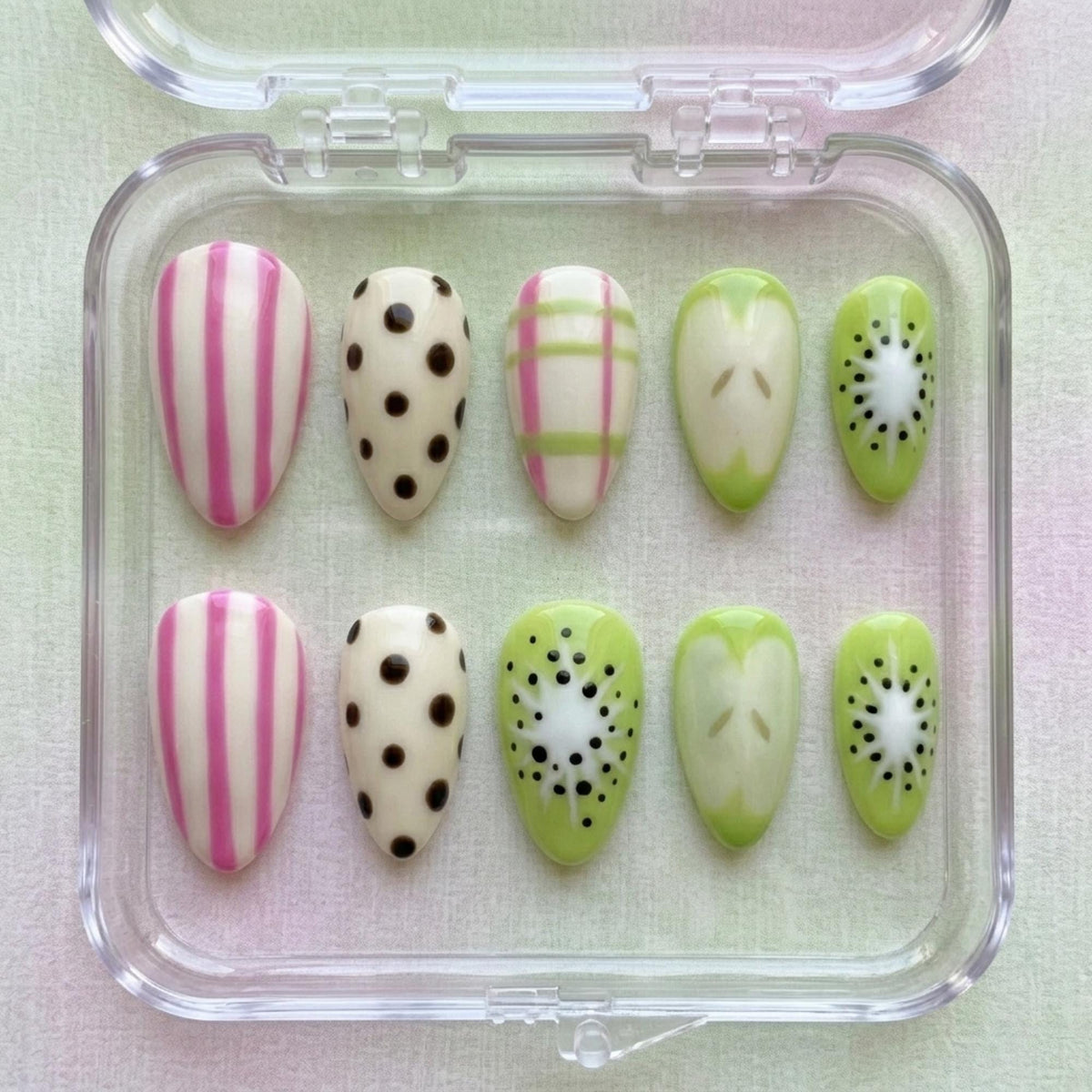 Kiwi-Inspired Fruit Nail Set With Pink Stripes, Plaid, and Polka Dots