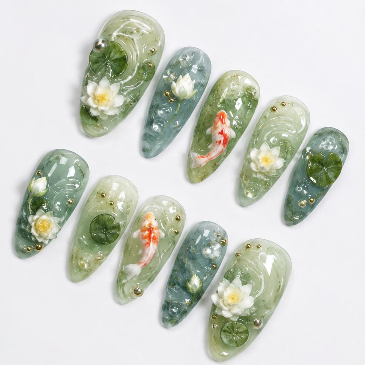 Koi Fish and White Lotus Pond Press-On Nail Set