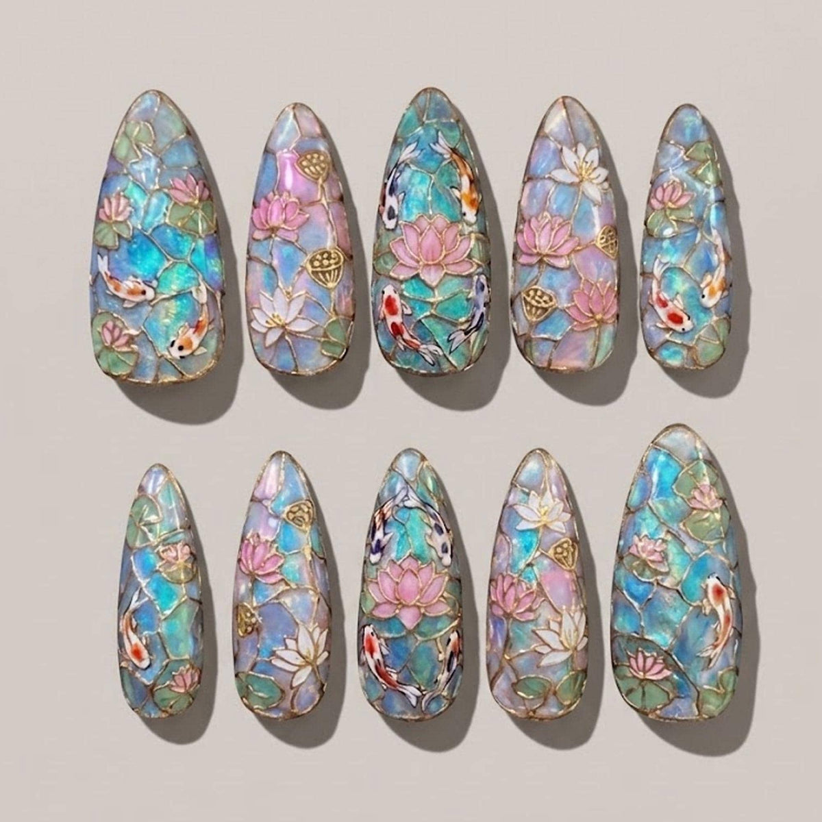 Koi Pond Stained Glass Press On Nail Set With Lotus Flowers and Gold Outlines