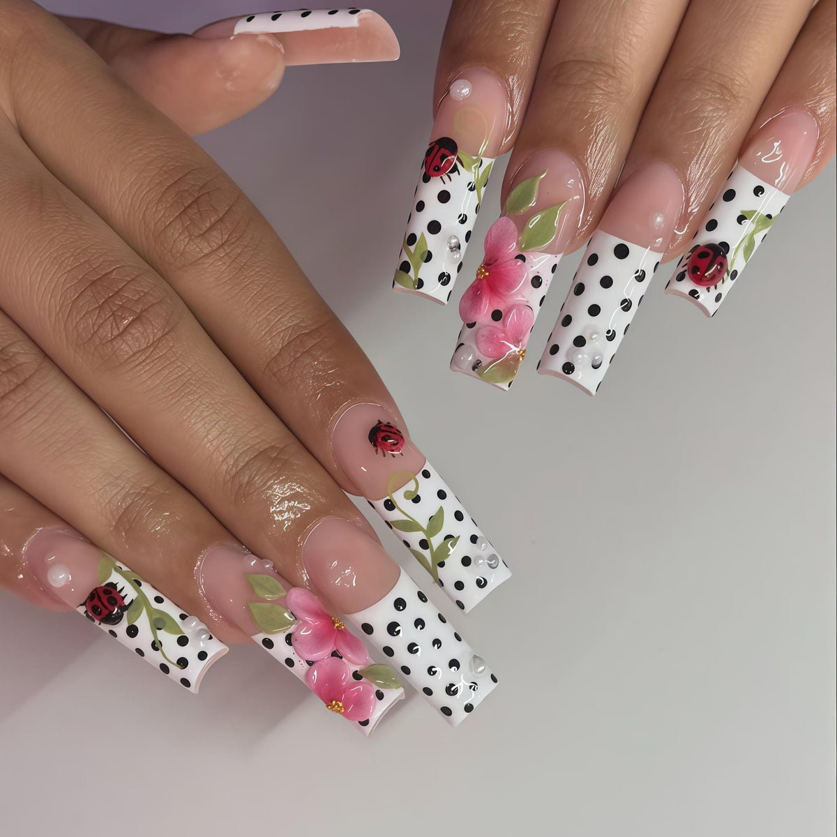 Ladybug and Pink Flower Polka Dot Press On Nails