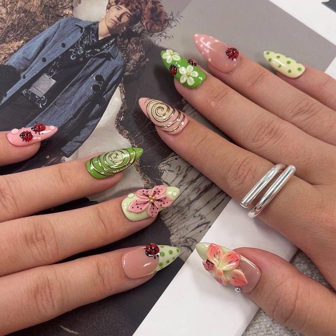 Ladybug and Raised Flower Press On Nails with Green Polka Dots and Gold Spirals
