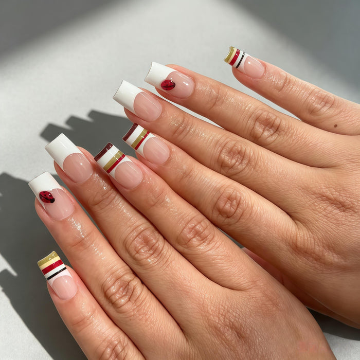 Ladybug French Tip Press On Nails With Red, Black, and Gold Stripes