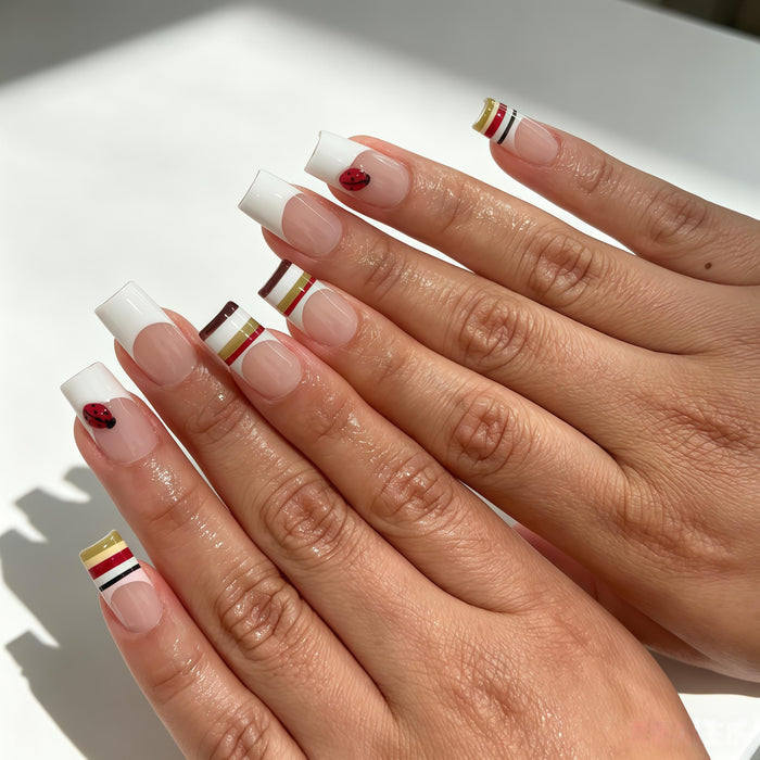Ladybug French Tip Press On Nails With Red, Black, and Gold Stripes