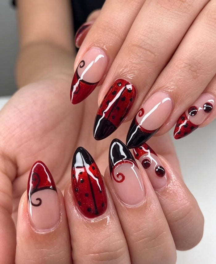 Ladybug-Inspired Red and Black Press On Nail Set with Nude-Pink Base