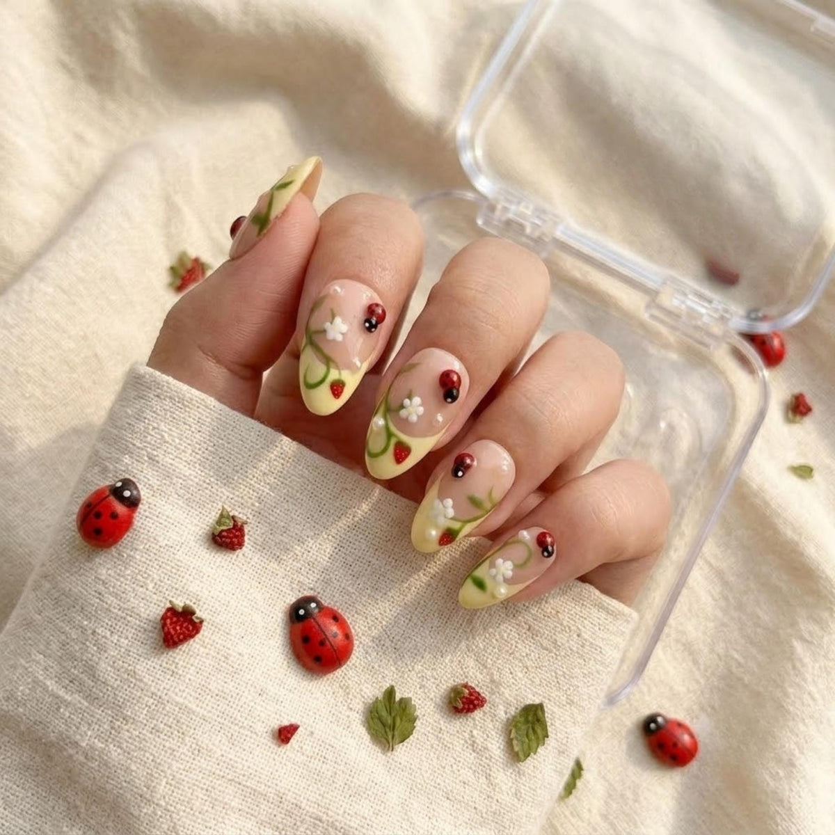 Ladybug, Strawberry & Floral French Tip Press On Nails