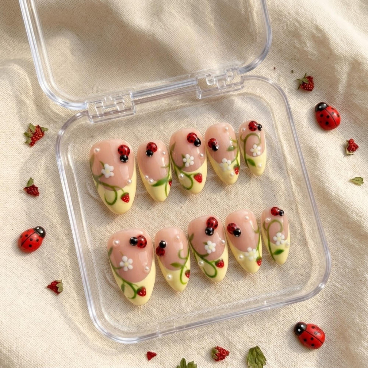 Ladybug, Strawberry & Floral French Tip Press On Nails