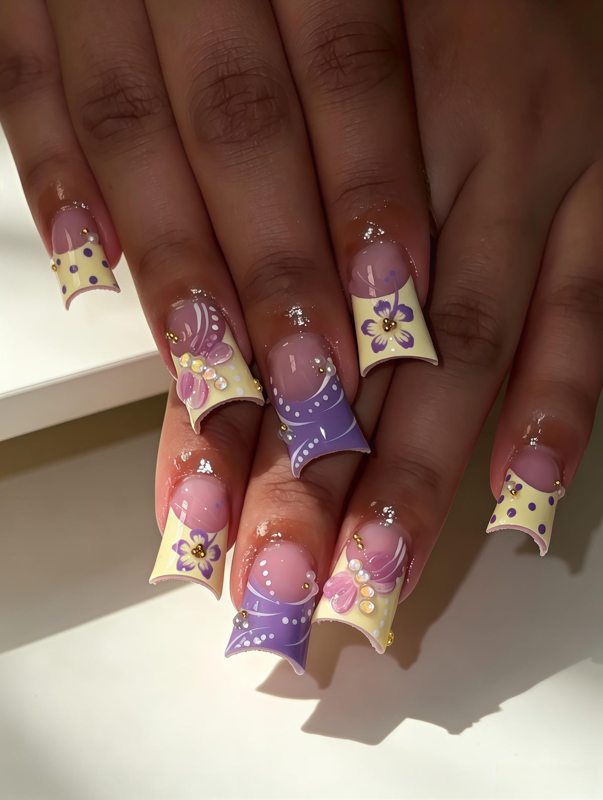 Lavender and Pale Yellow Polka Dot Floral Press On Nails with Bows