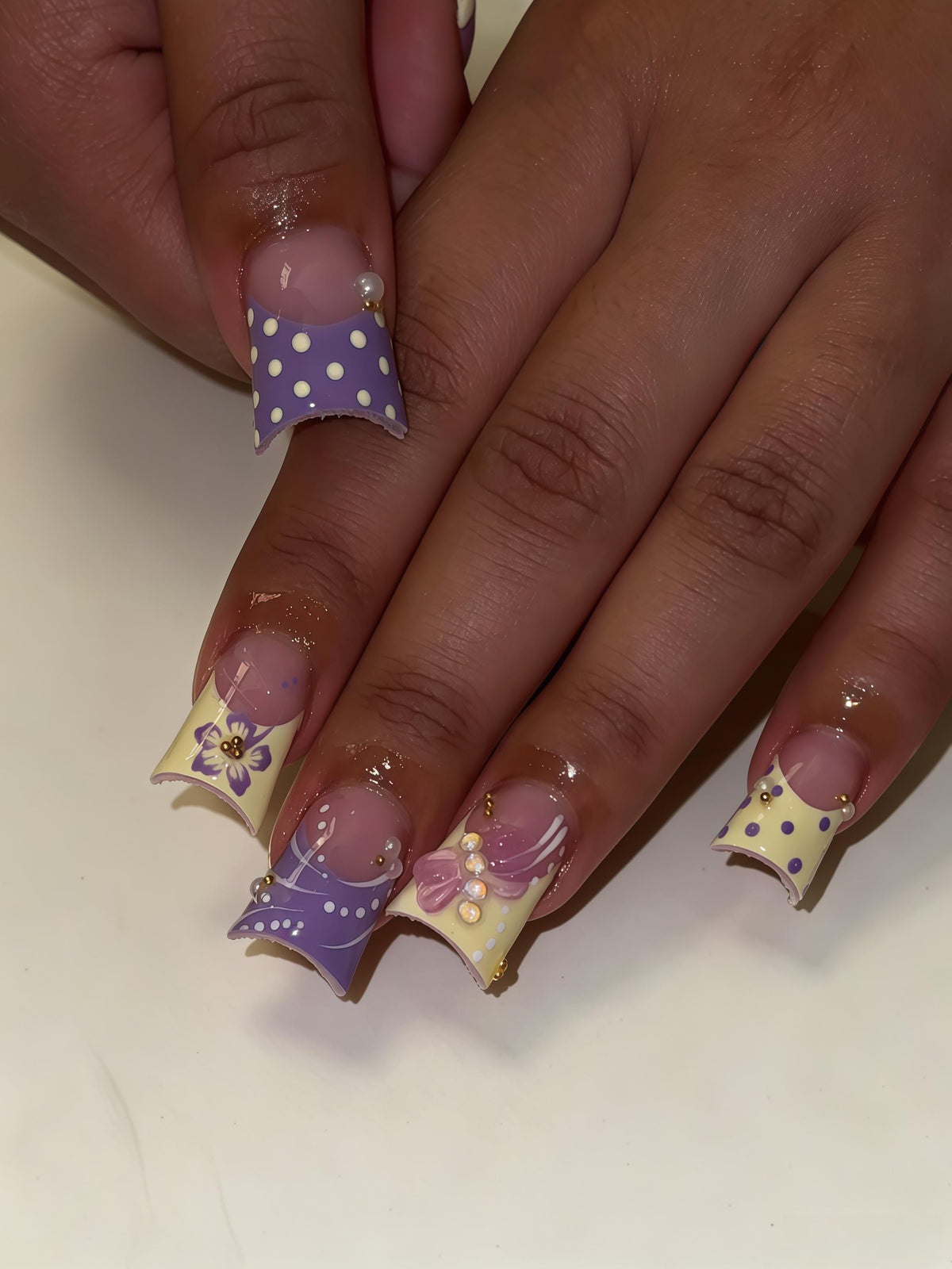 Lavender and Pale Yellow Polka Dot Floral Press On Nails with Bows