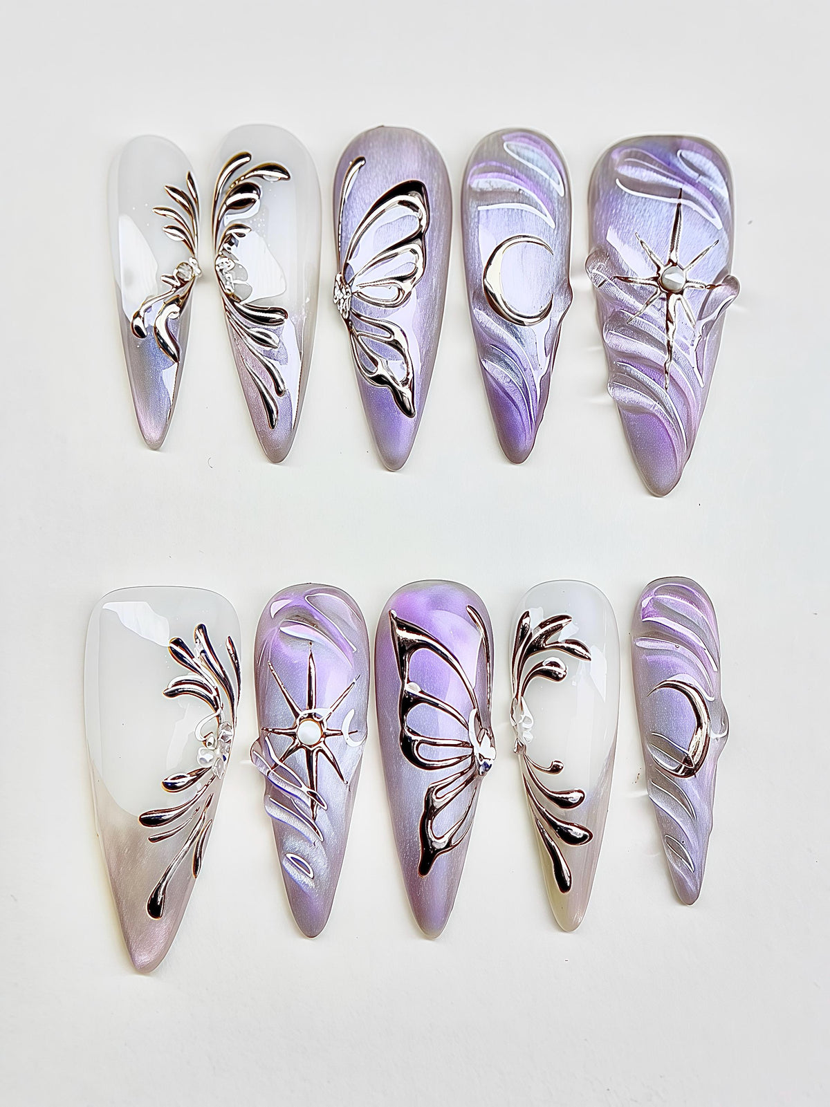 Lavender and Pearly White Celestial Butterfly Chrome Nail Set