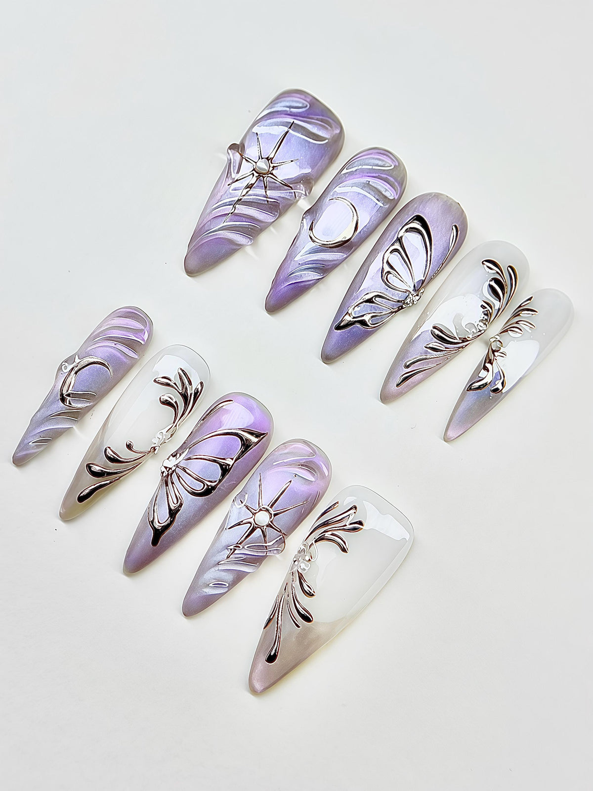 Lavender and Pearly White Celestial Butterfly Chrome Nail Set