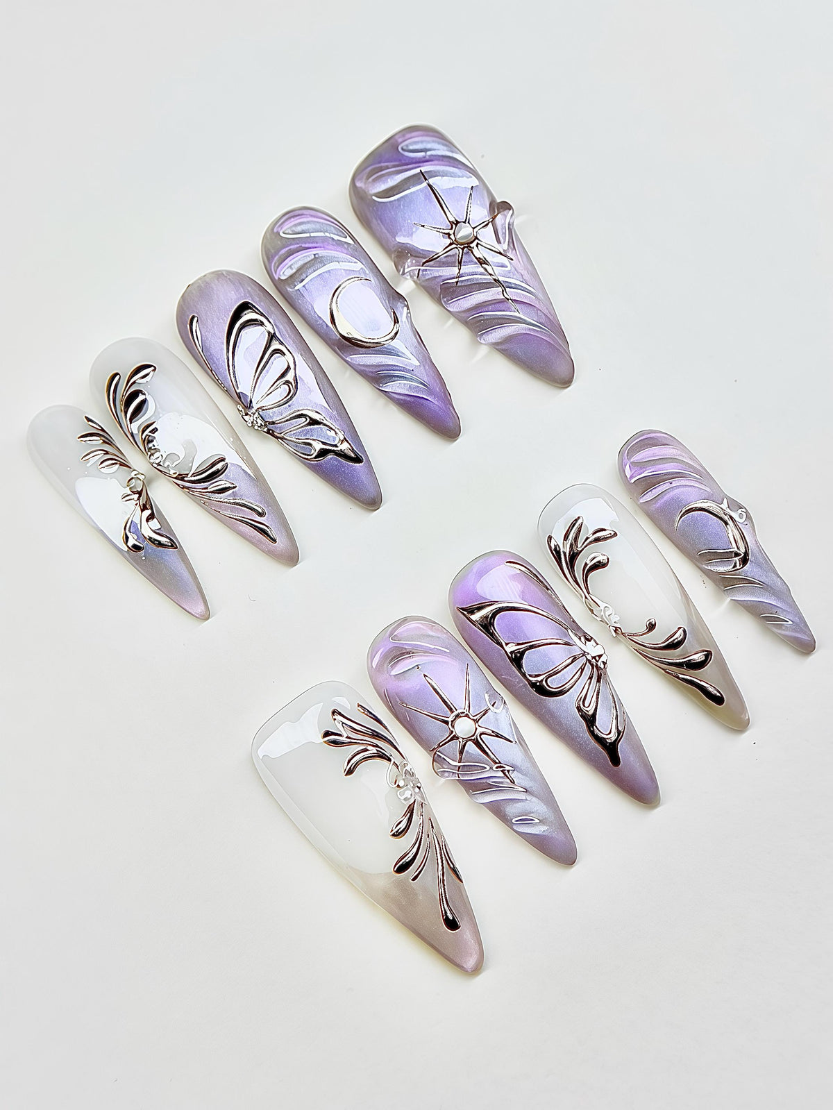 Lavender and Pearly White Celestial Butterfly Chrome Nail Set