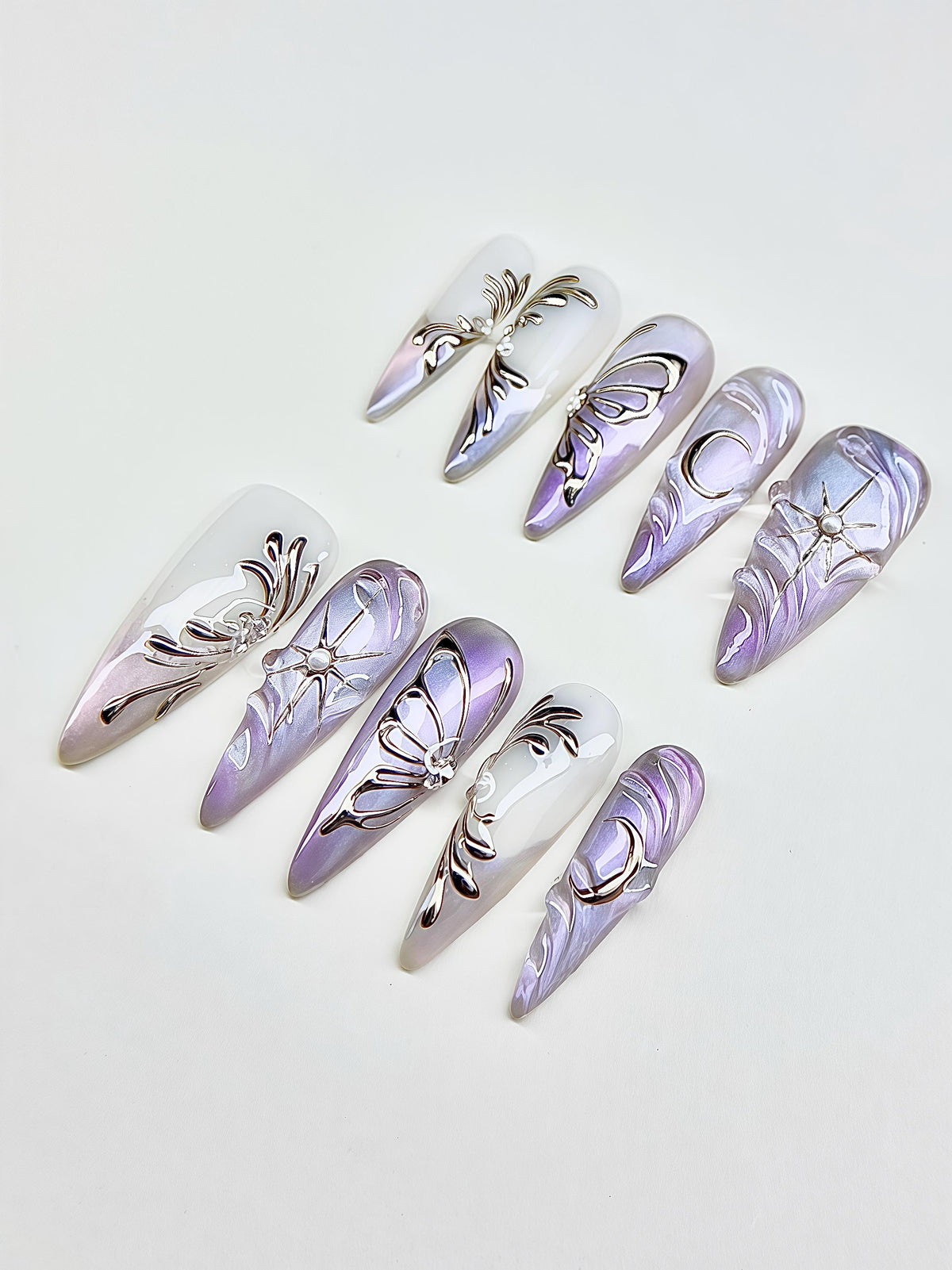 Lavender and Pearly White Celestial Butterfly Chrome Nail Set
