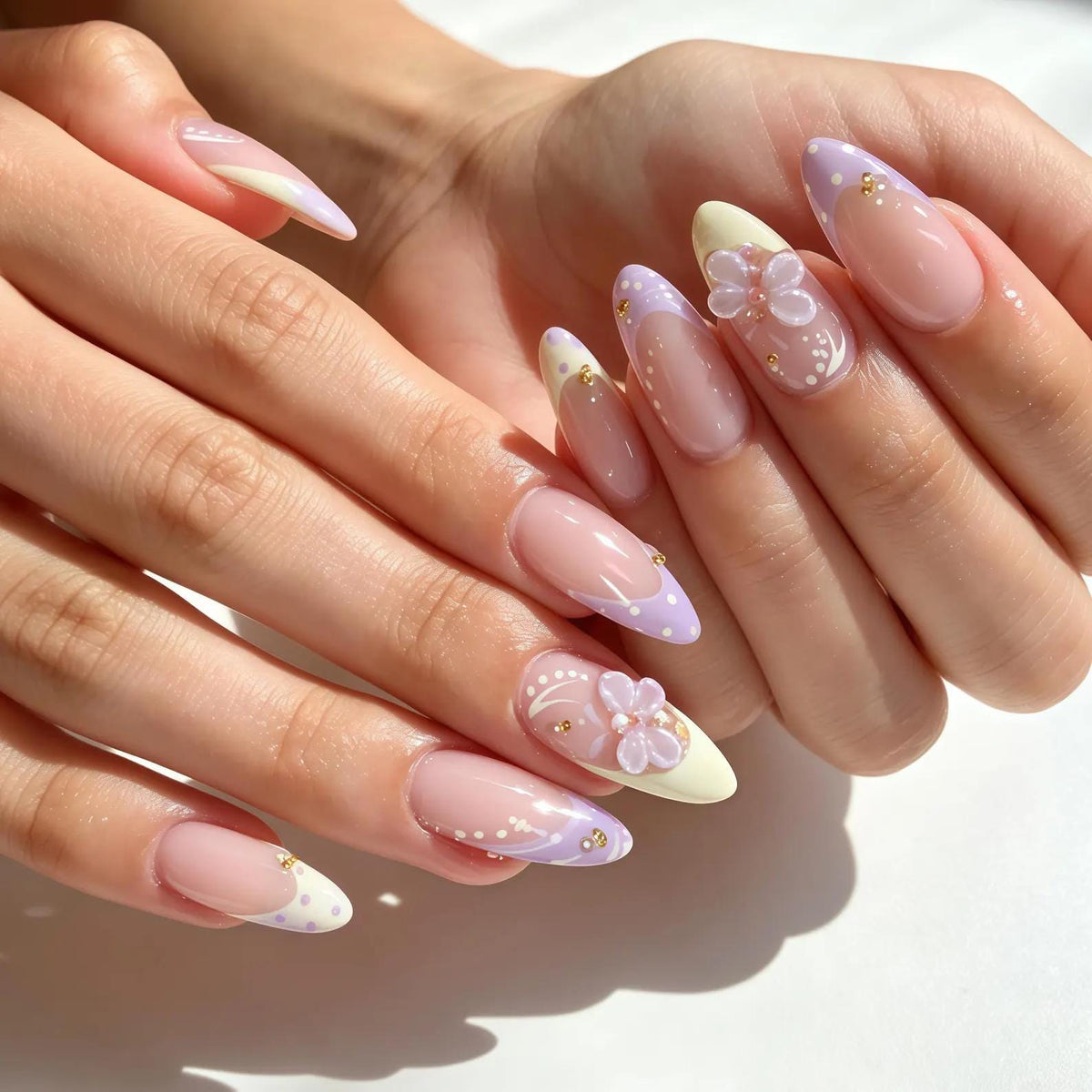 Lavender and Pink Spring Wedding Floral Press-On Nails with Raised Flowers and Gold Dot Accents