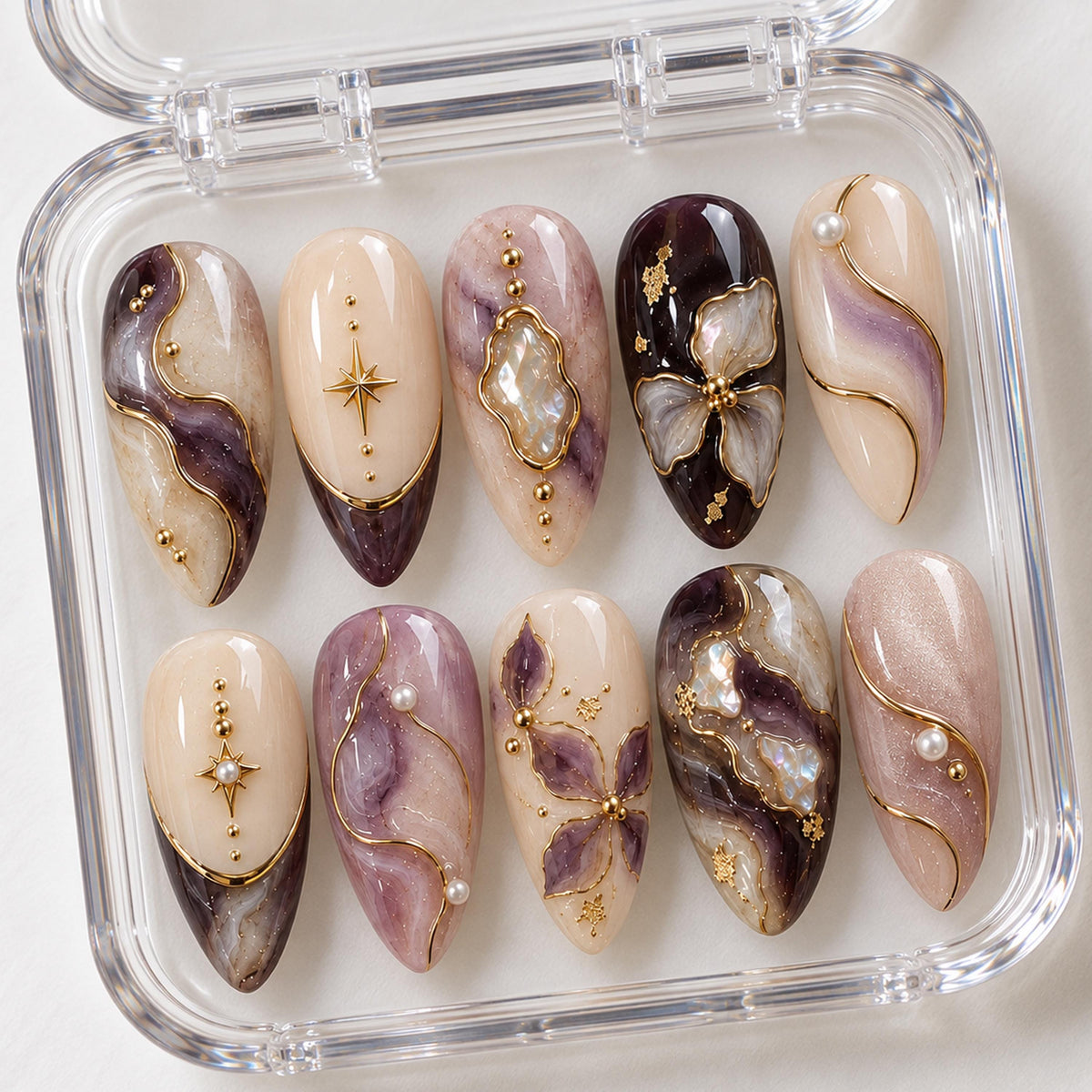 Lavender and Plum Marble Press-On Nails with Gold Lines, Pearls, and Floral Accents