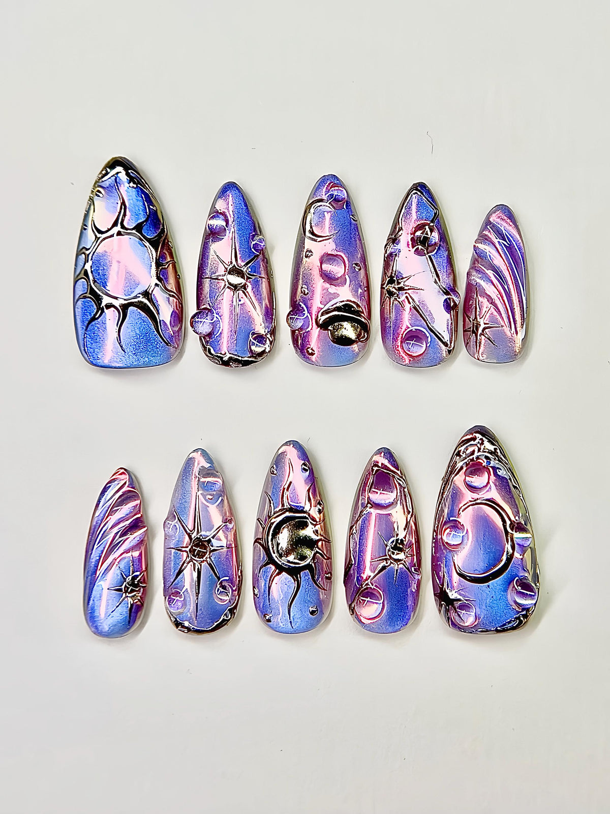 Lavender Blue Celestial Galaxy Nail Set With Reflective Swirls