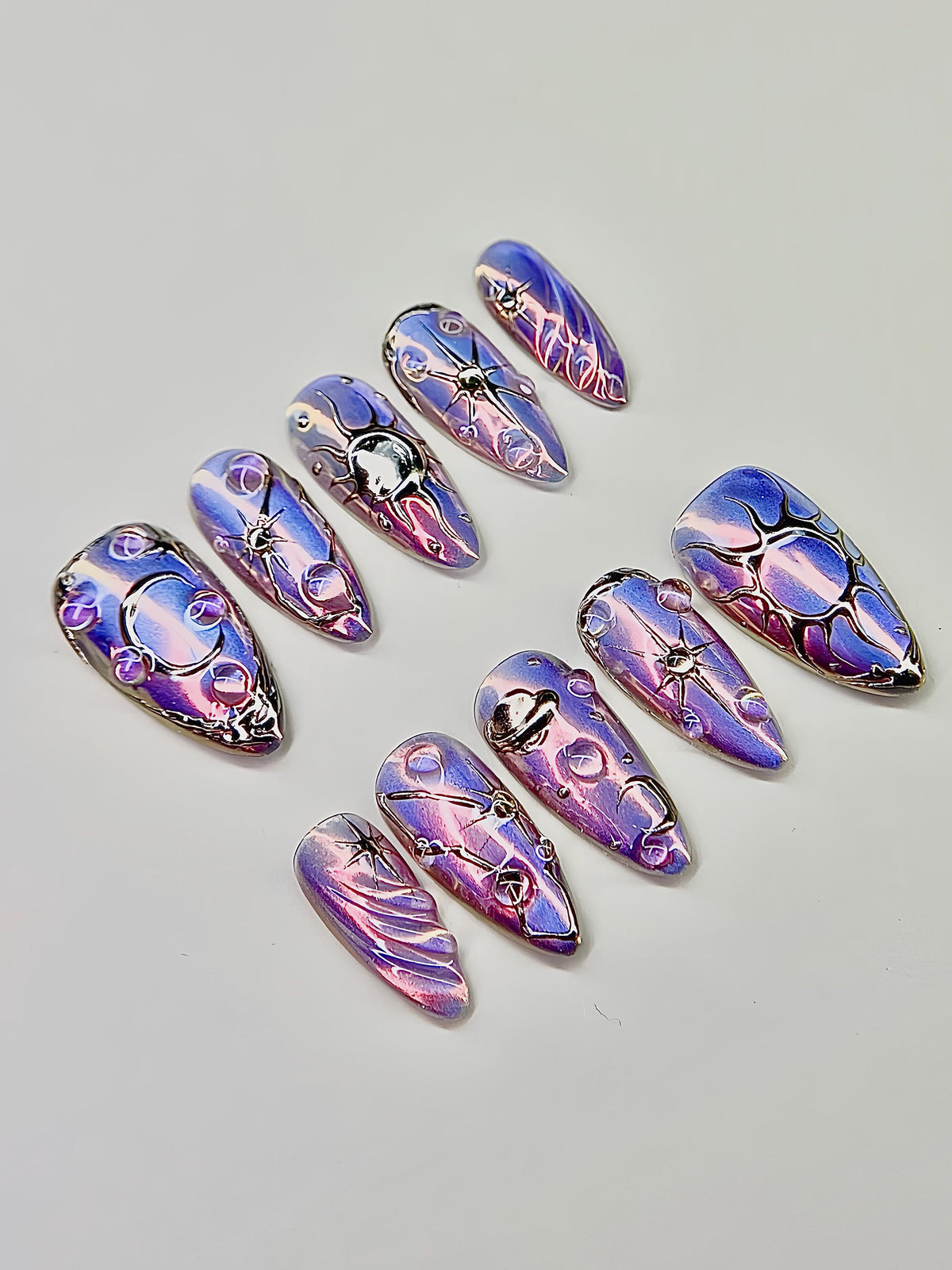 Lavender Blue Celestial Galaxy Nail Set With Reflective Swirls