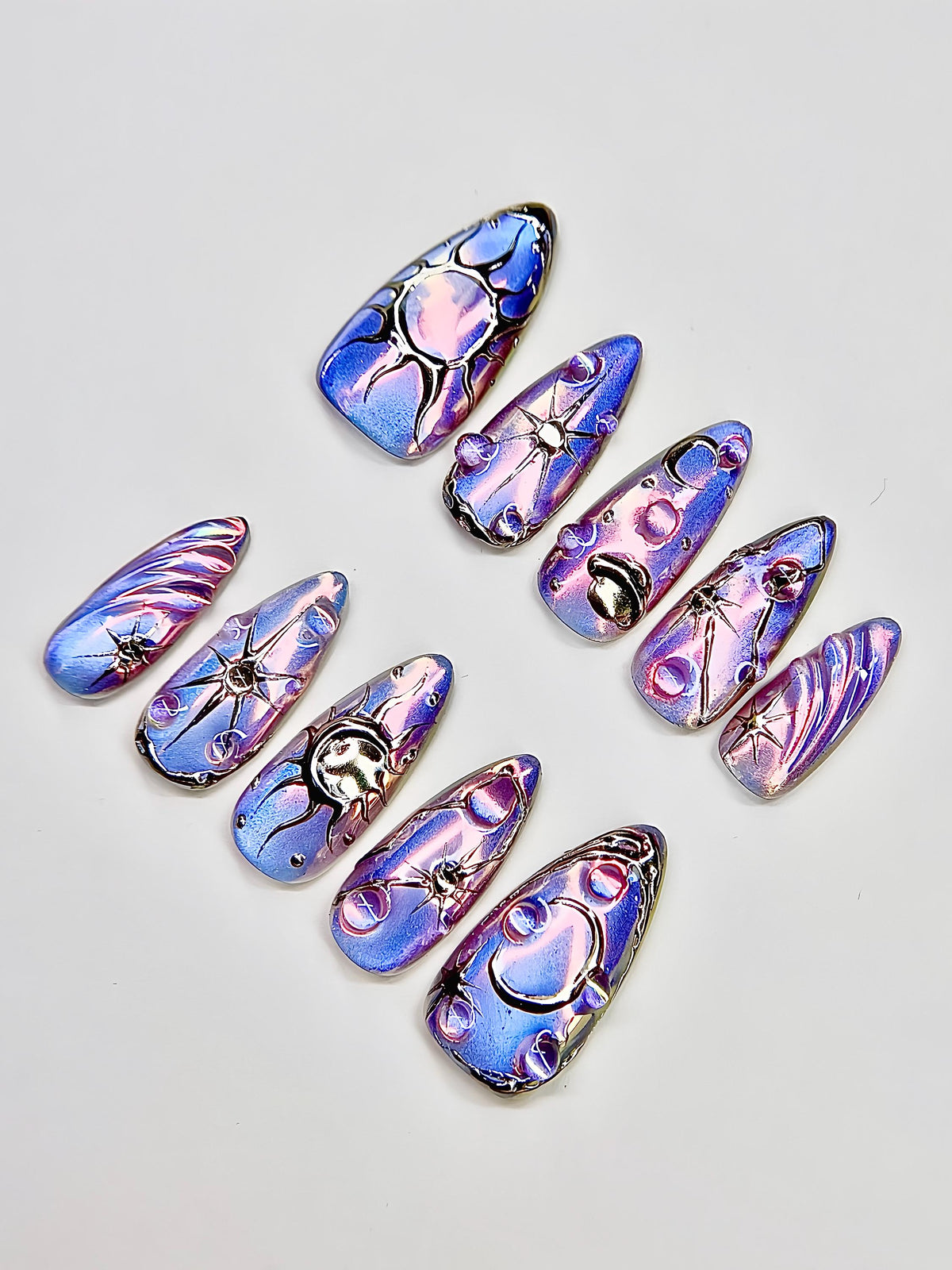 Lavender Blue Celestial Galaxy Nail Set With Reflective Swirls