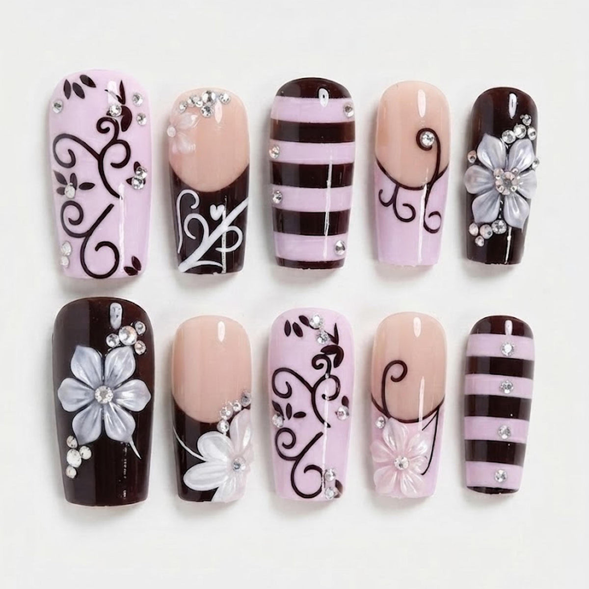 Lavender, Blush and Chocolate Brown Floral Swirl Press On Nails