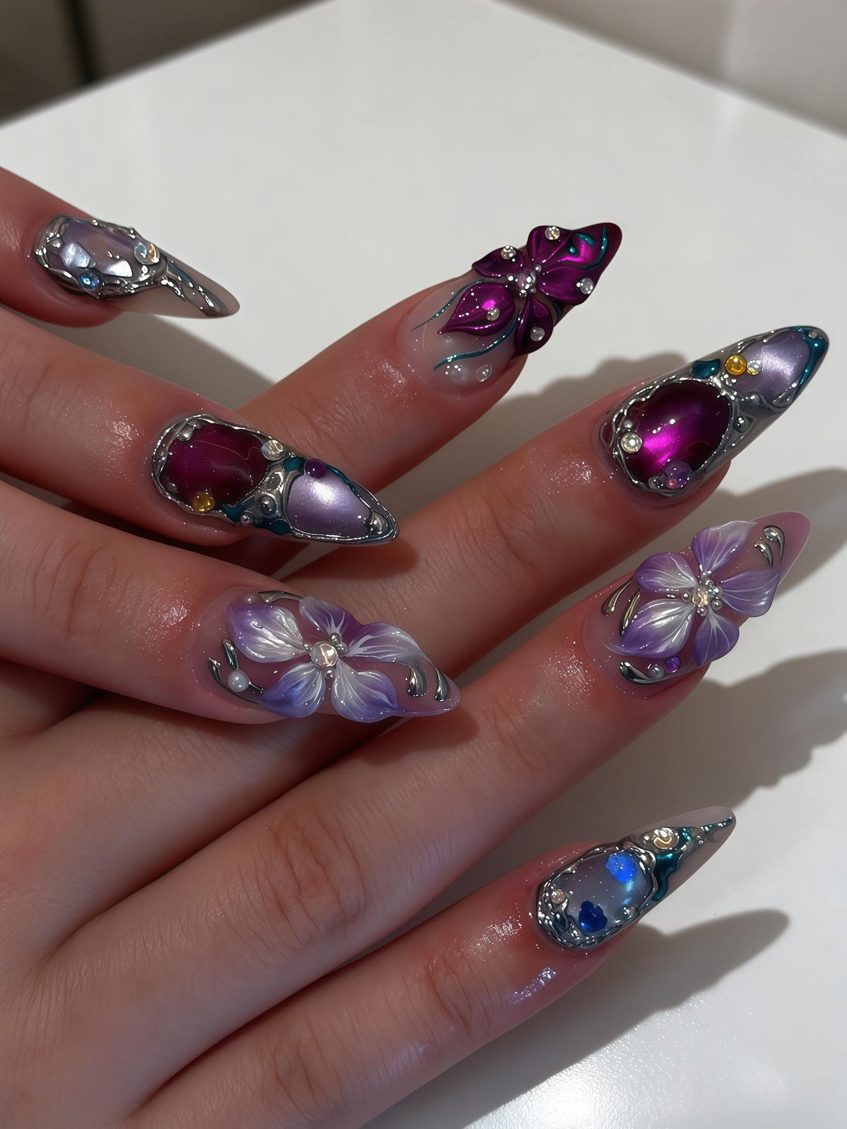 Lavender Butterfly and Raised Flower Nails with Silver Scrollwork and Rhinestones