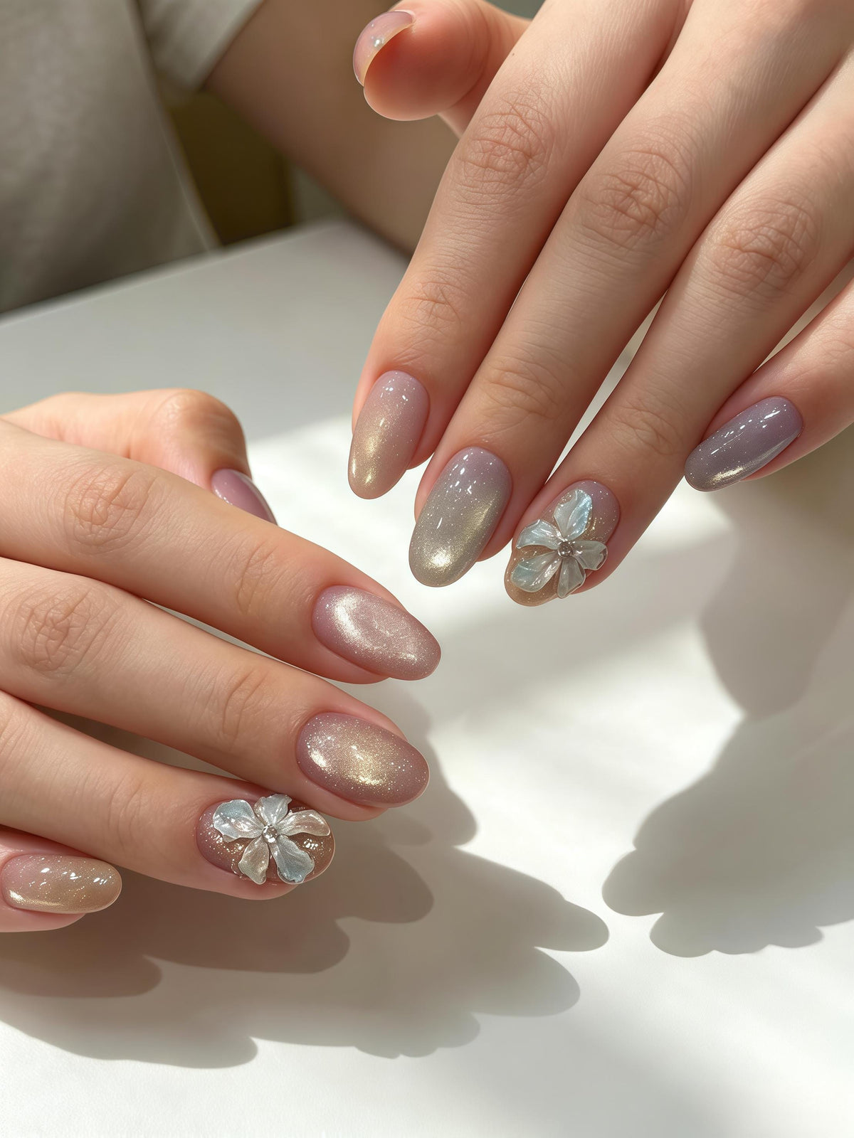 Lavender Cat Eye Press-On Nails with Iridescent 3D Flower Charms