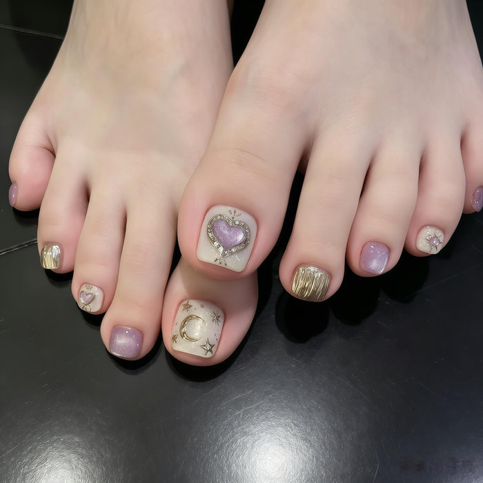 Lavender Cat Eye Press-On Toenails With Celestial Charms