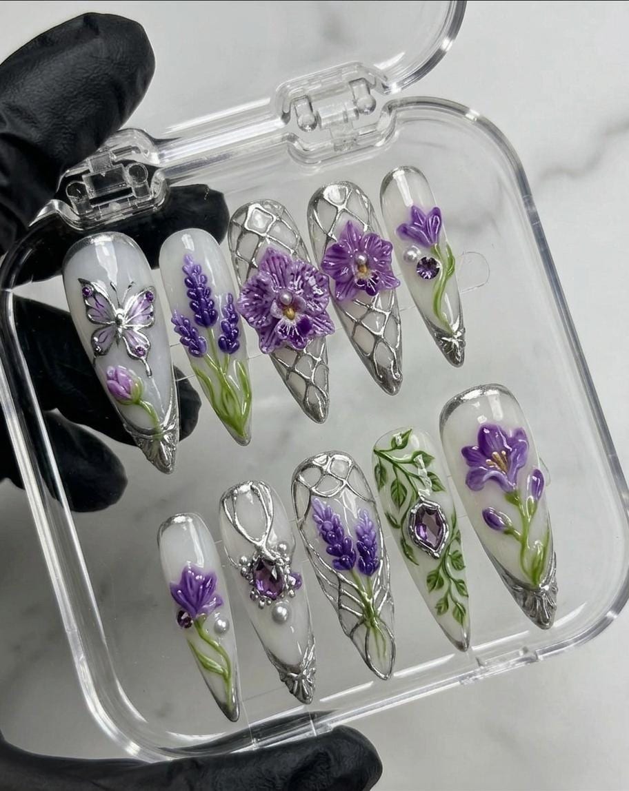 Lavender Floral Bridal Press On Nails with 3D Flowers and Silver Chrome Filigree