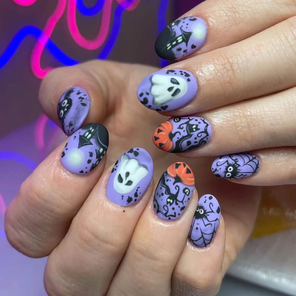 Lavender Halloween Press On Nails with Black Tips, Ghosts, Spiderwebs, and Pumpkins