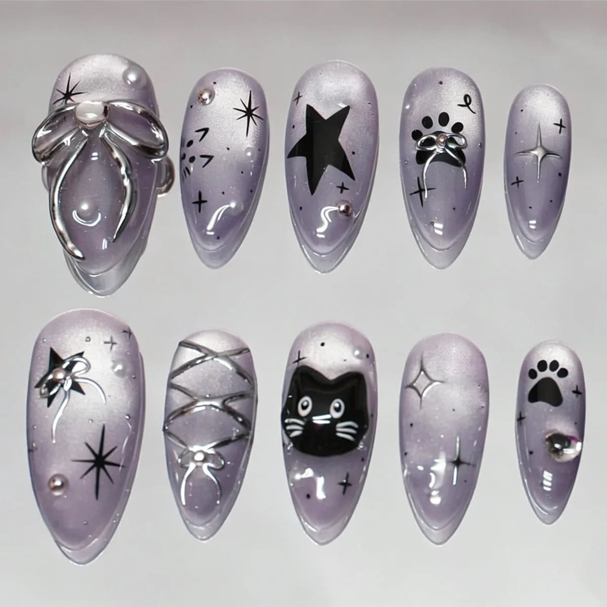 Lavender Silver Cat and Star Press-On Nail Set with Raised Bows and Paw Details