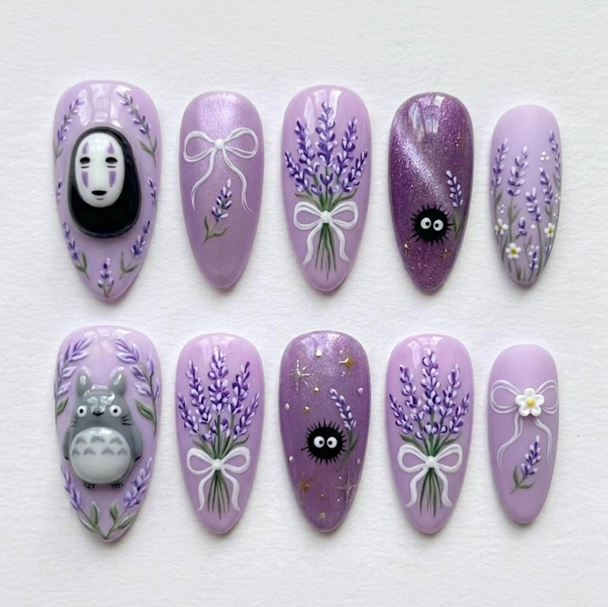 Lavender Totoro and No-Face Press On Nails With Floral Bows and Cat Eye Glitter