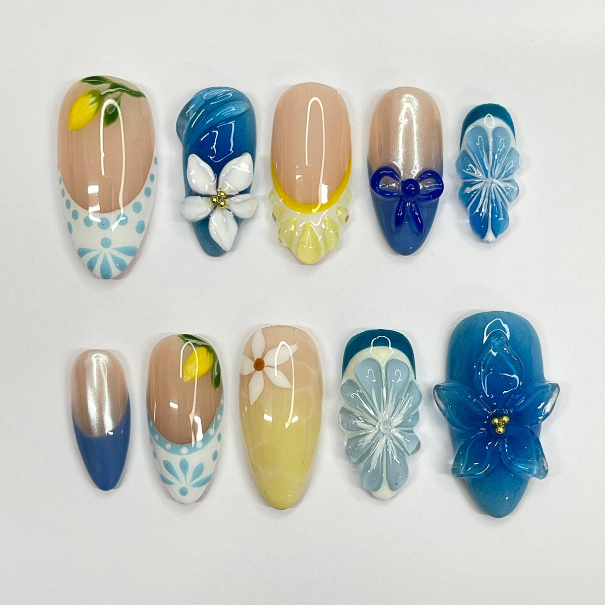 Lemon and Plumeria Summer Vacation Press On Nails with Raised Flowers and Bow