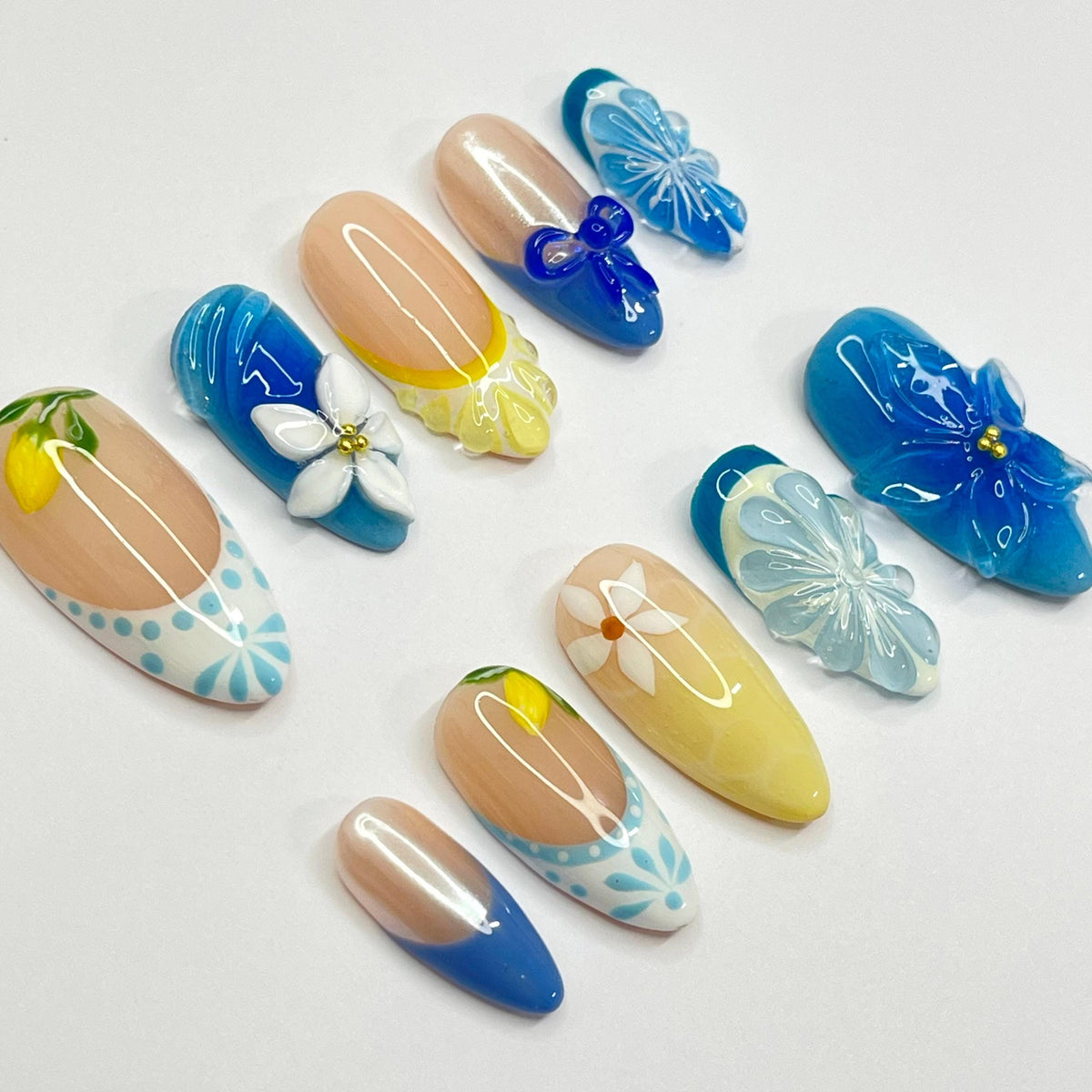 Lemon and Plumeria Summer Vacation Press On Nails with Raised Flowers and Bow