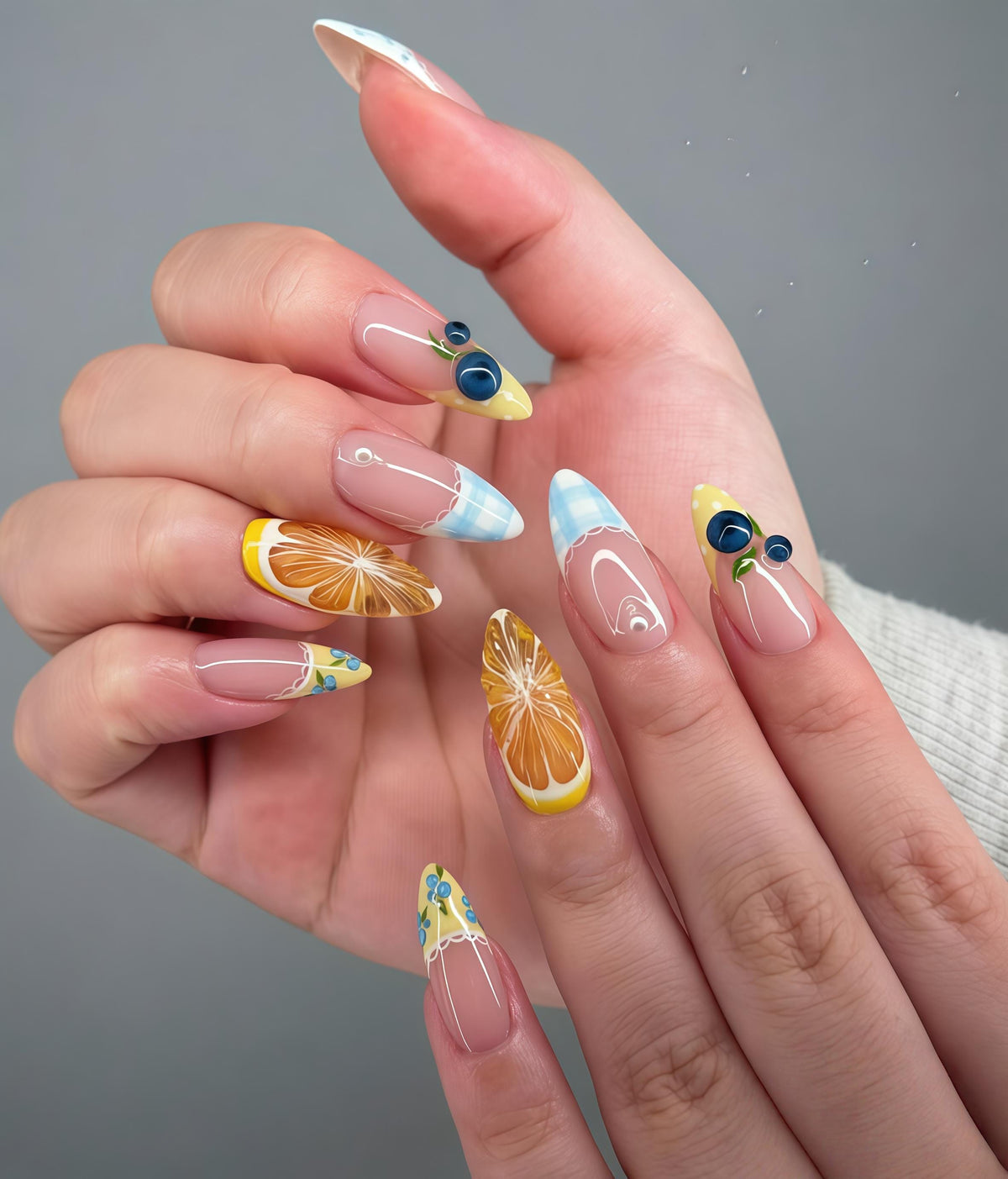 Lemon, Blueberry & Orange Fruit Nail Set With Blue Plaid Tips