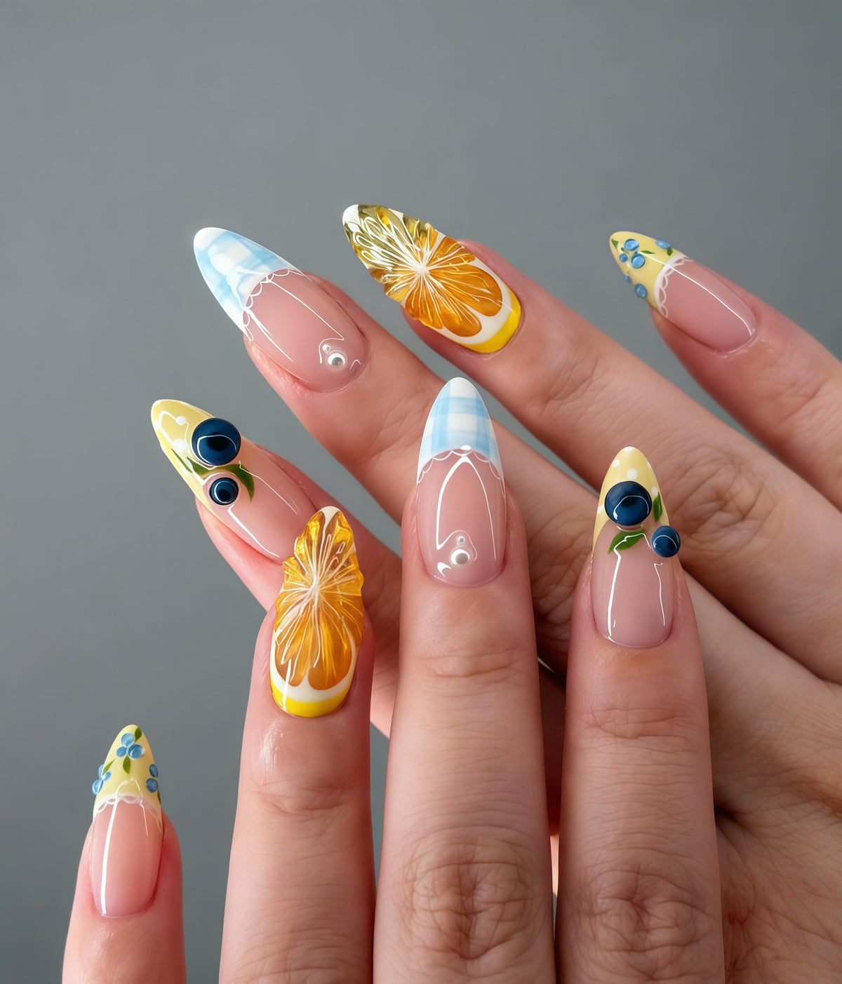Lemon, Blueberry & Orange Fruit Nail Set With Blue Plaid Tips