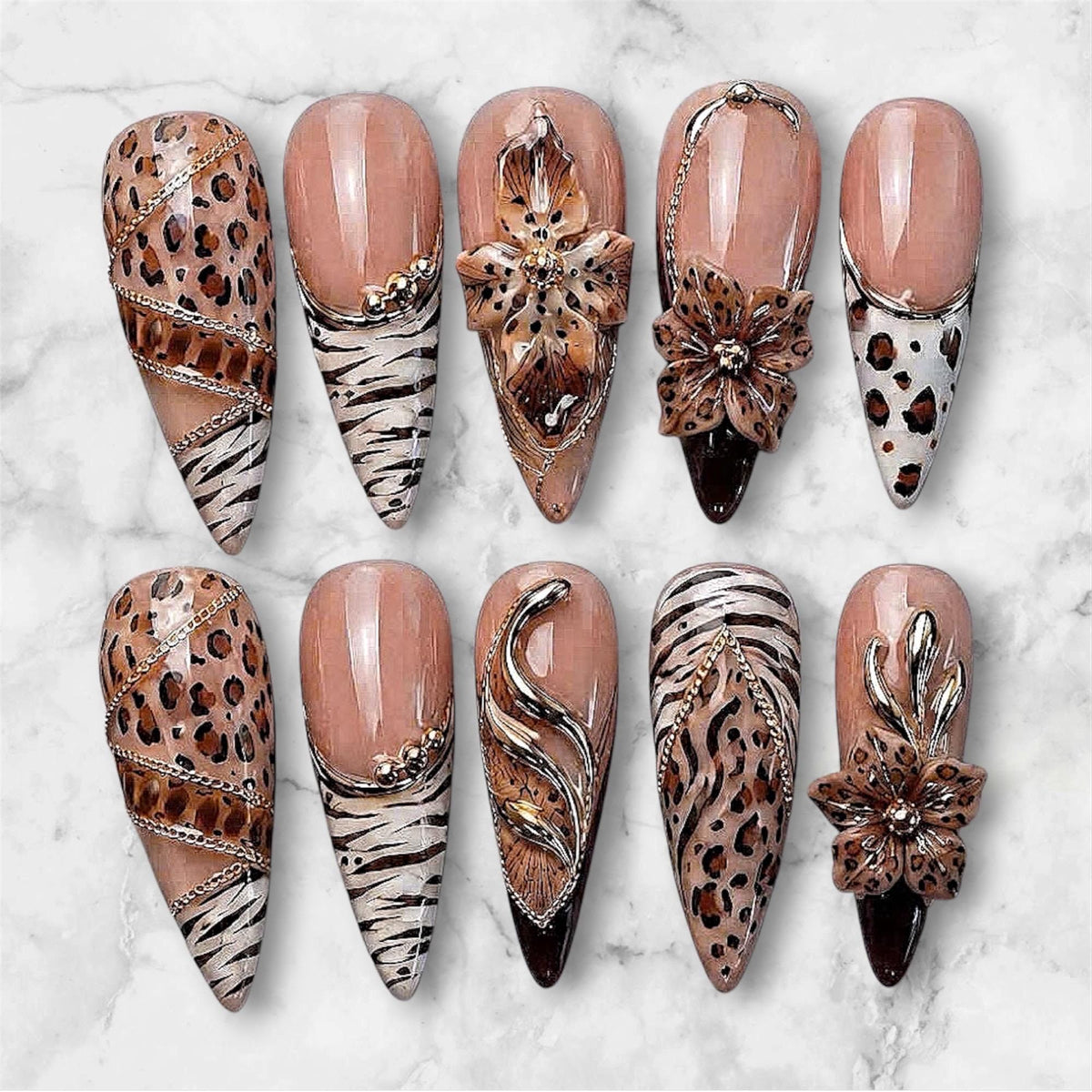 Leopard and Zebra Print Nails with 3D Brown Flowers and Metallic Trim