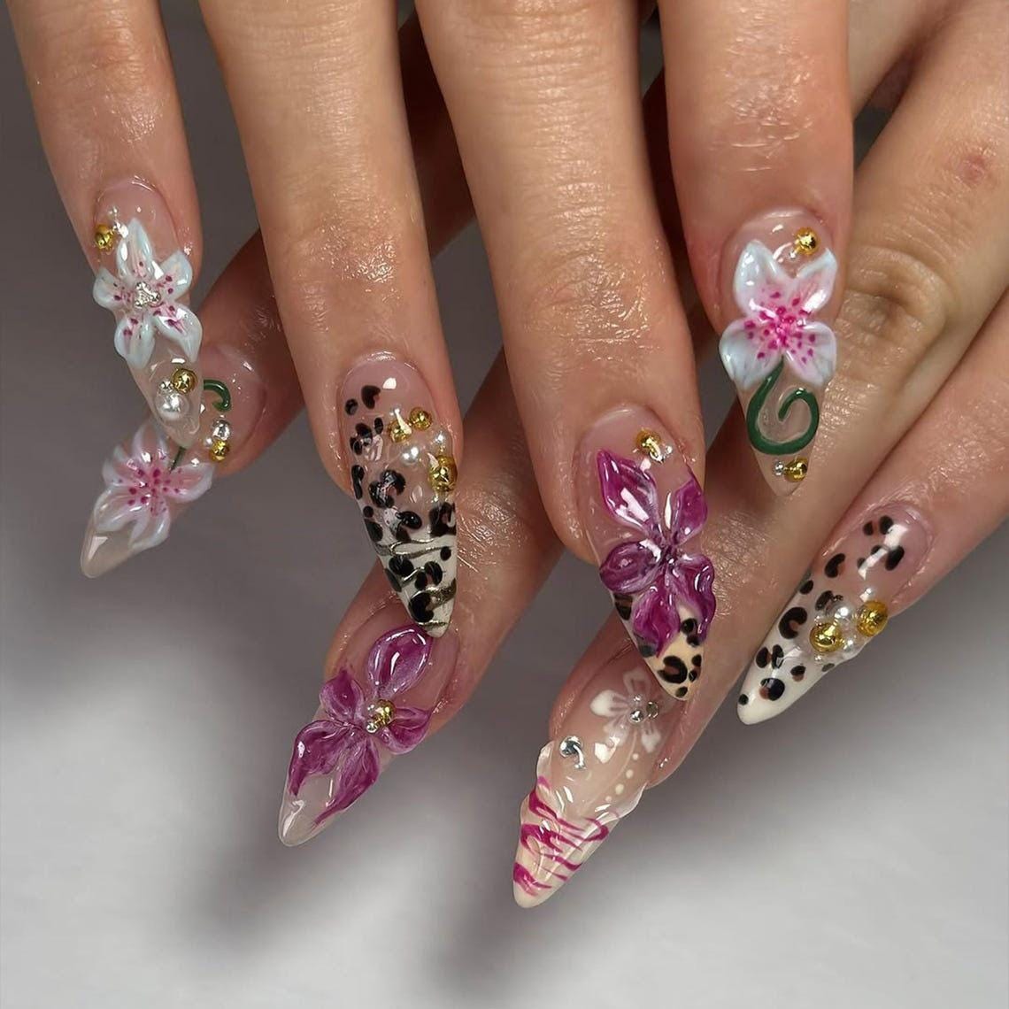 Leopard Print and 3D Floral Press On Nails with Rhinestones