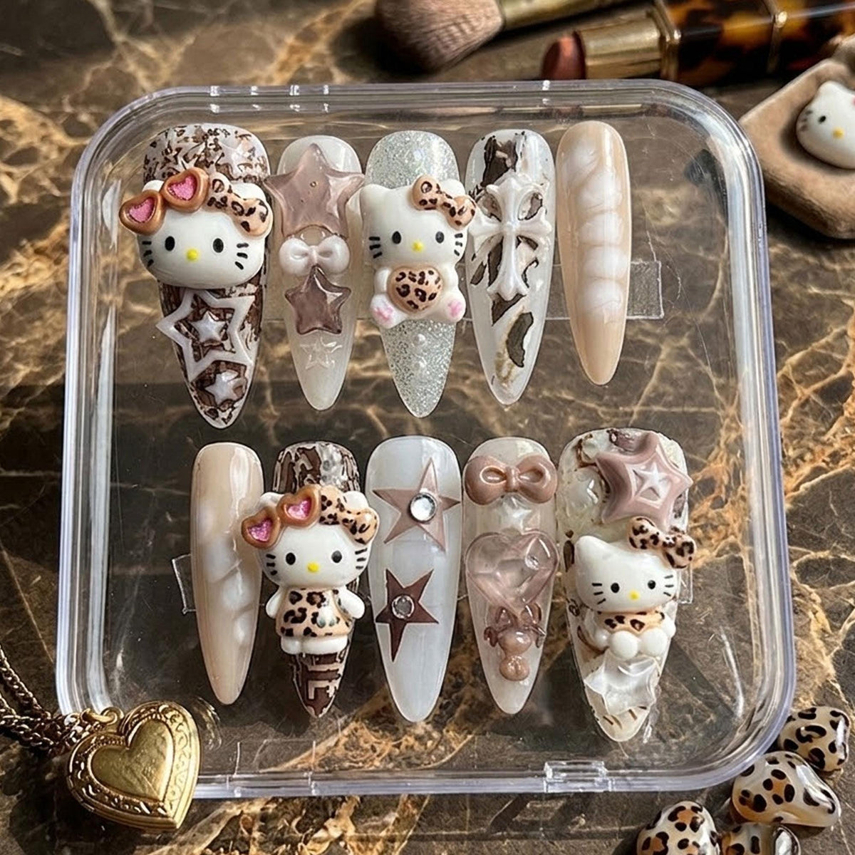 Leopard Print Cat Press On Nails With 3D Bows, Stars, and Glitter