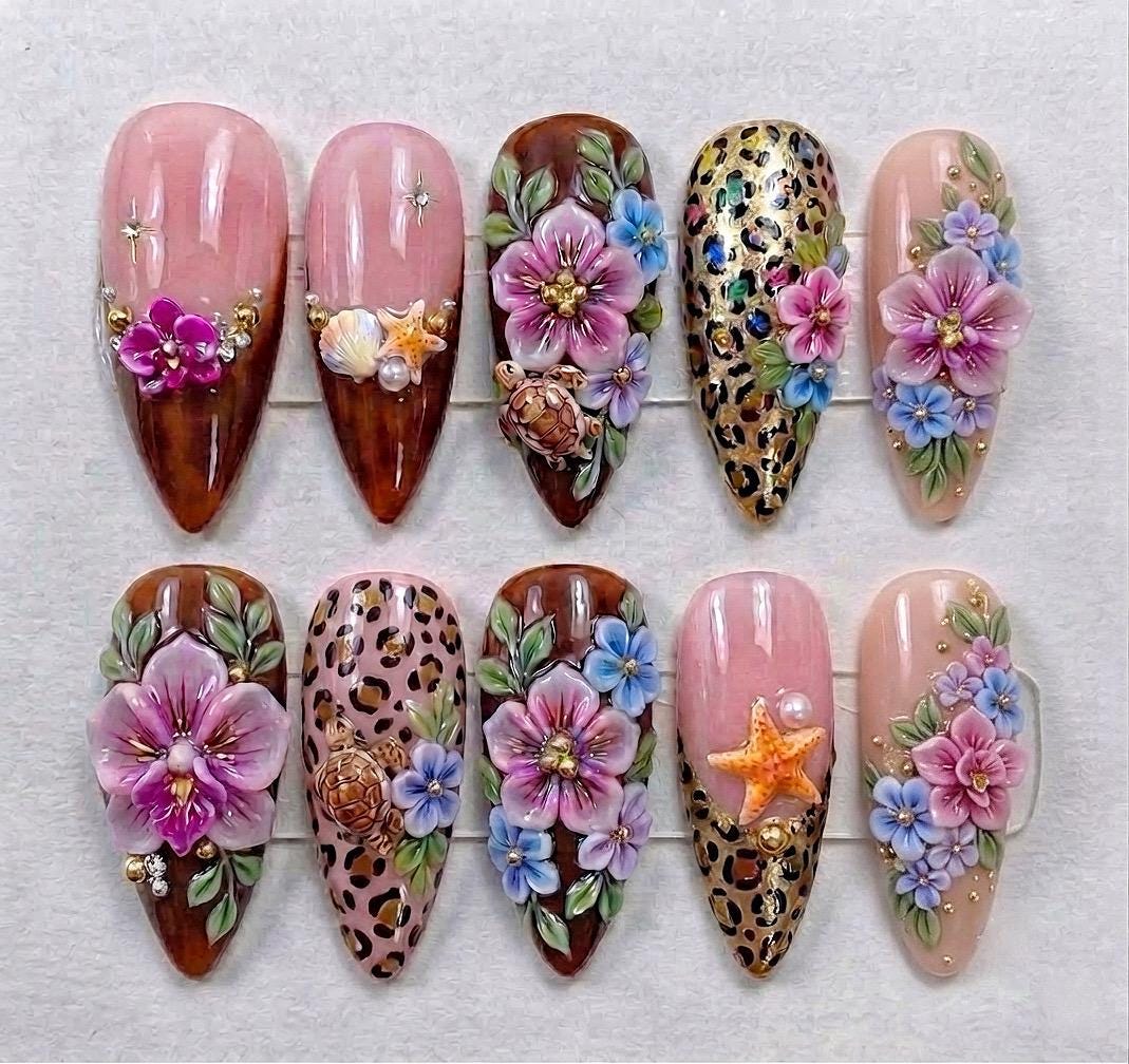Leopard Print Floral Press-On Nails with 3D Flowers and Starfish