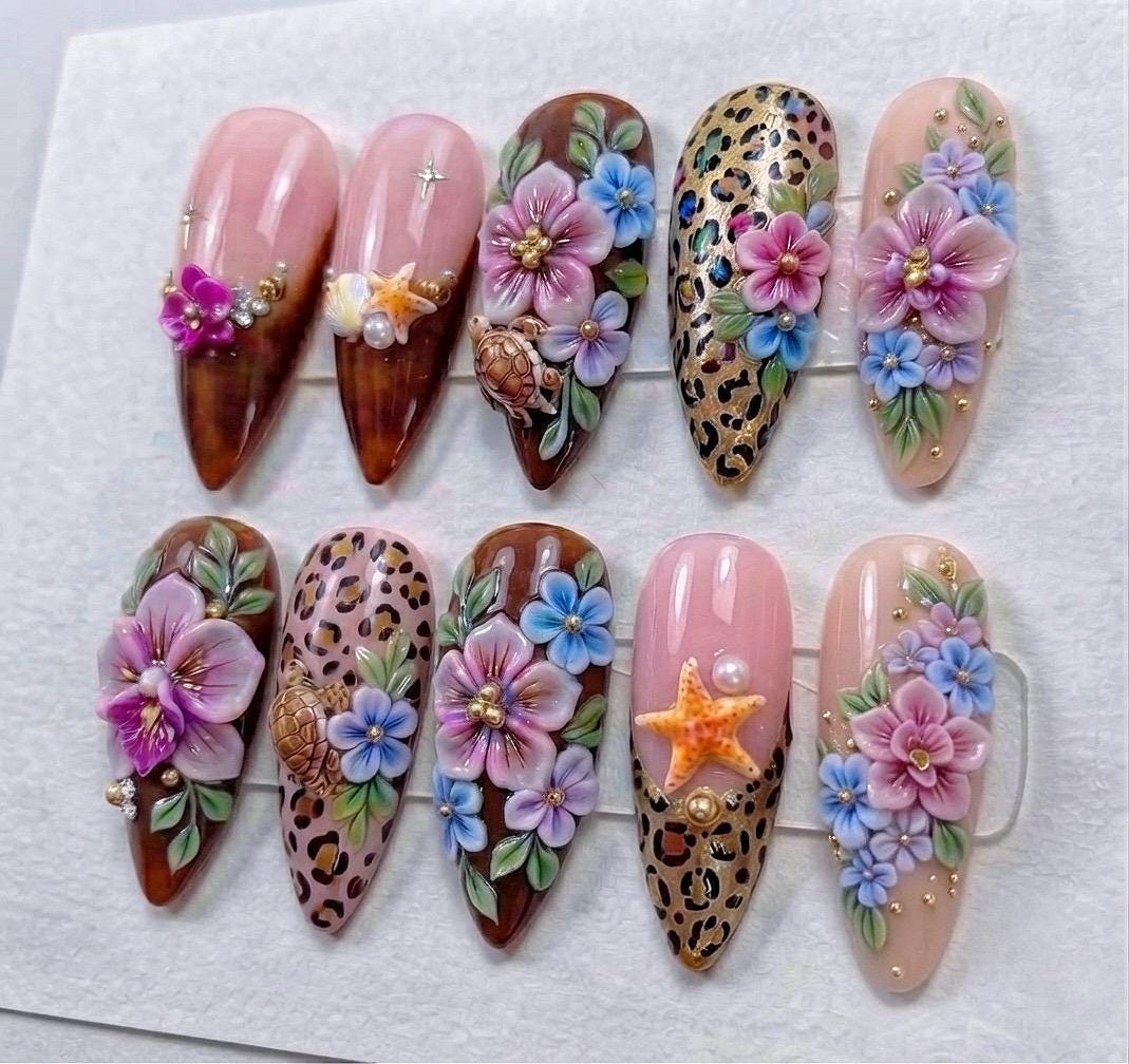 Leopard Print Floral Press-On Nails with 3D Flowers and Starfish