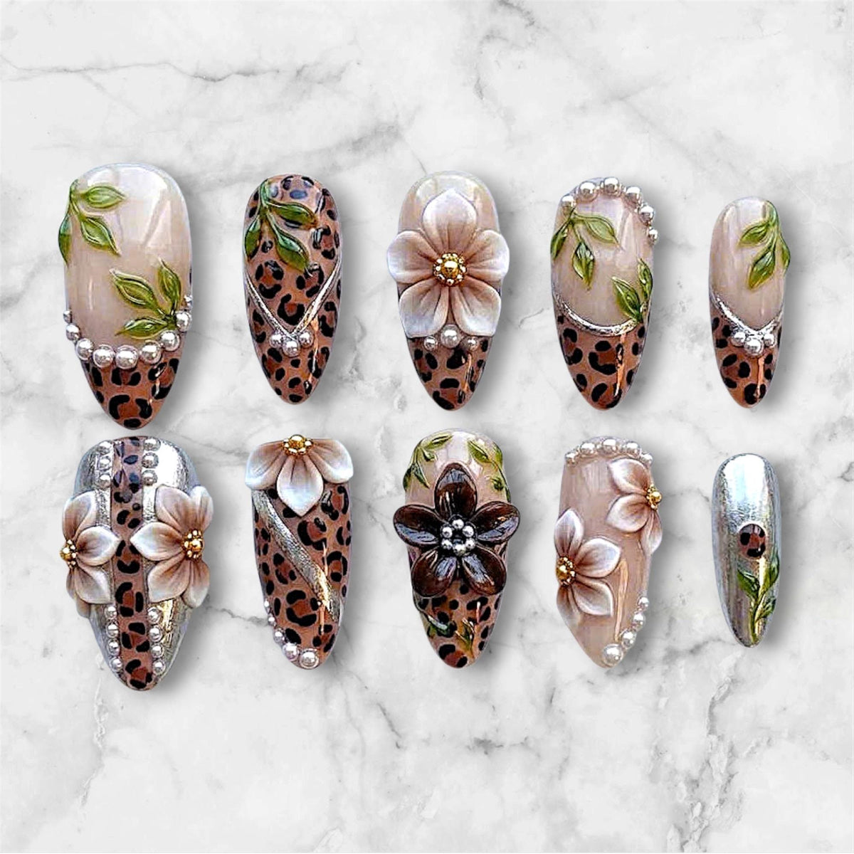Leopard Print Floral Press-On Nails with Pearl Chrome Details