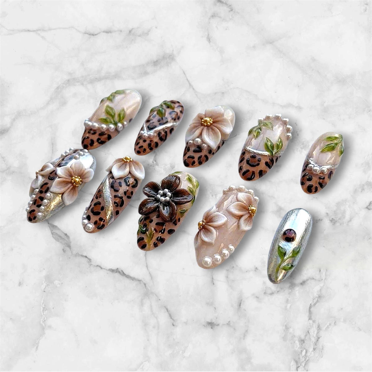 Leopard Print Floral Press-On Nails with Pearl Chrome Details