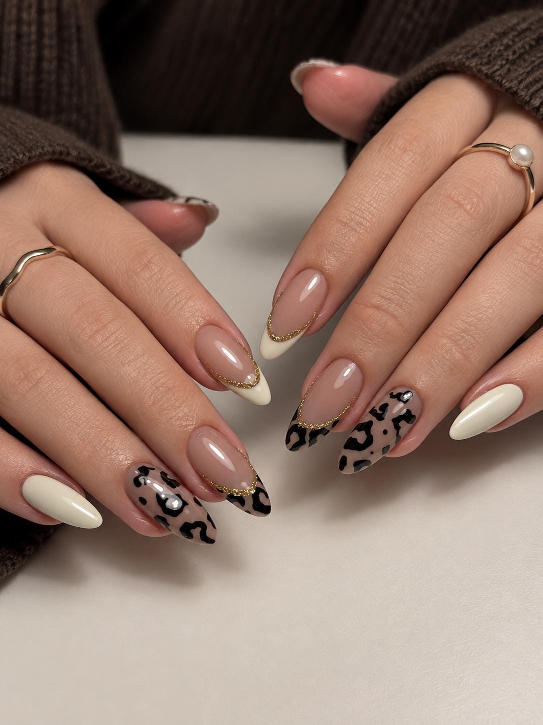 Leopard Print French Tip Nails With Fine Gold Edging
