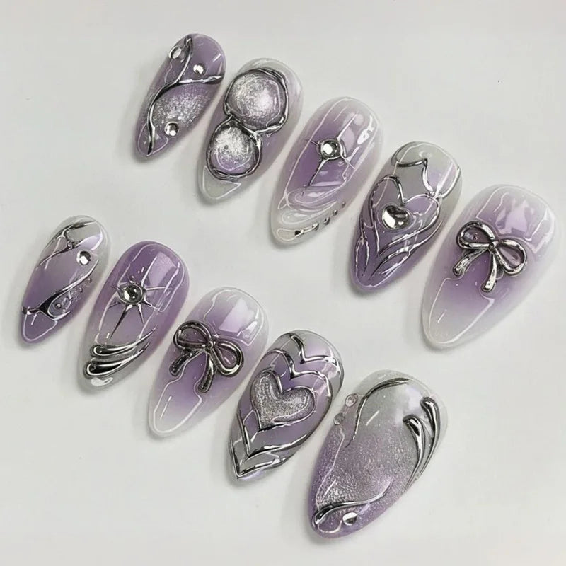 Lilac and Lavender Nails with Silver Chrome Bows, Hearts and Rhinestones
