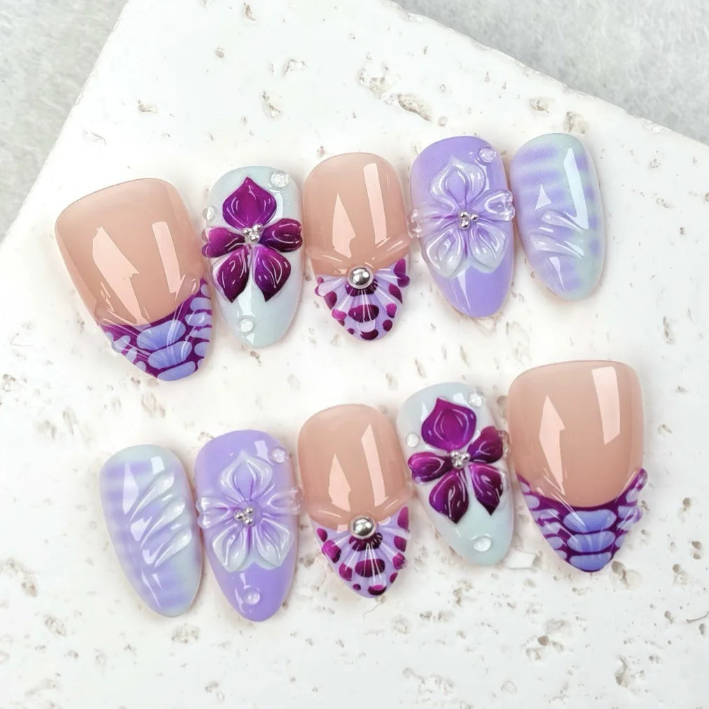 Lilac and Purple 3D Floral Press On Nails with Rhinestone Centers