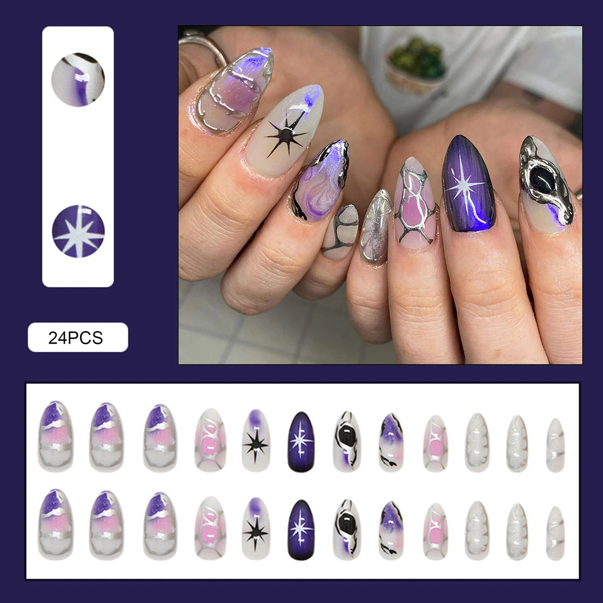 Lilac and Purple Chrome Celestial Abstract Nail Set