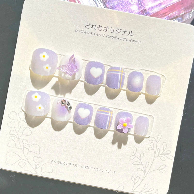 Lilac Daisy, Heart & Plaid Press On Nails with 3D Butterfly and Flower Details
