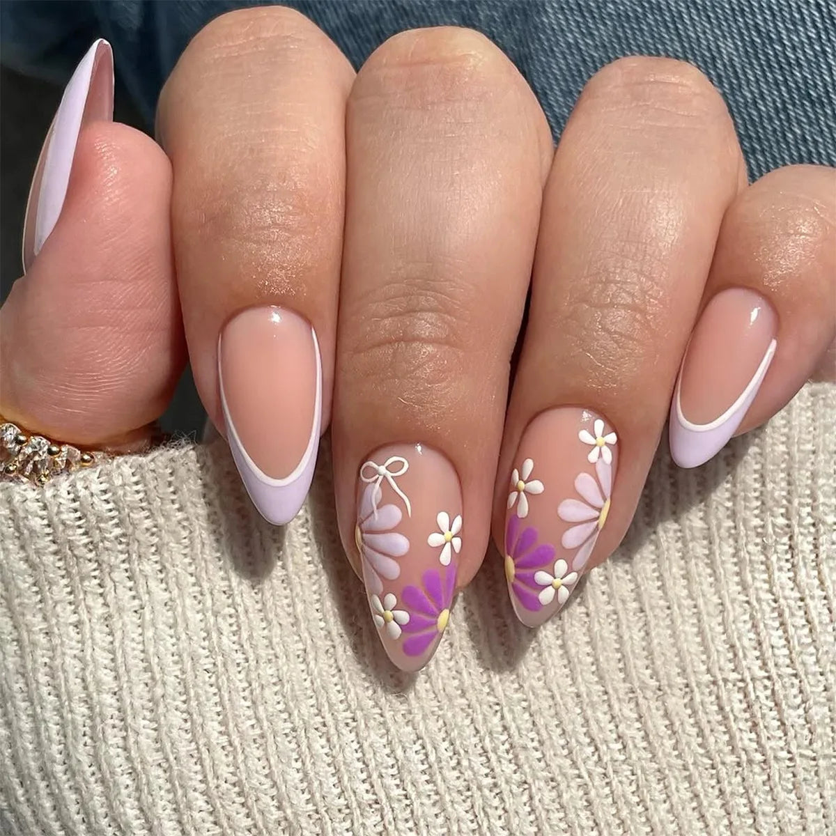 Lilac French Tip Nails With Daisy and Bow Accents