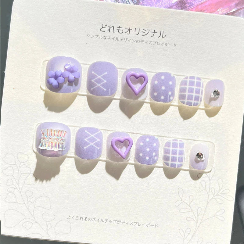 Lilac Heart, Flower, Plaid and Polka Dot Nail Set