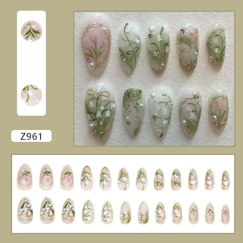 Lily of the Valley Press On Nails with Raised Florals and Gold Details