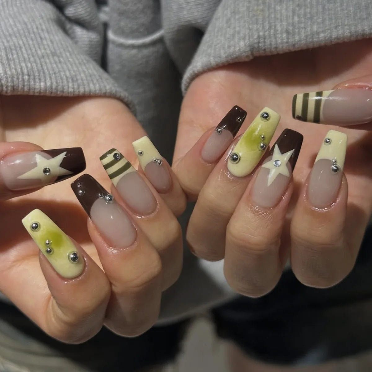 Lime Green and Nude French Tip Nails with Stars, Stripes and Rhinestones