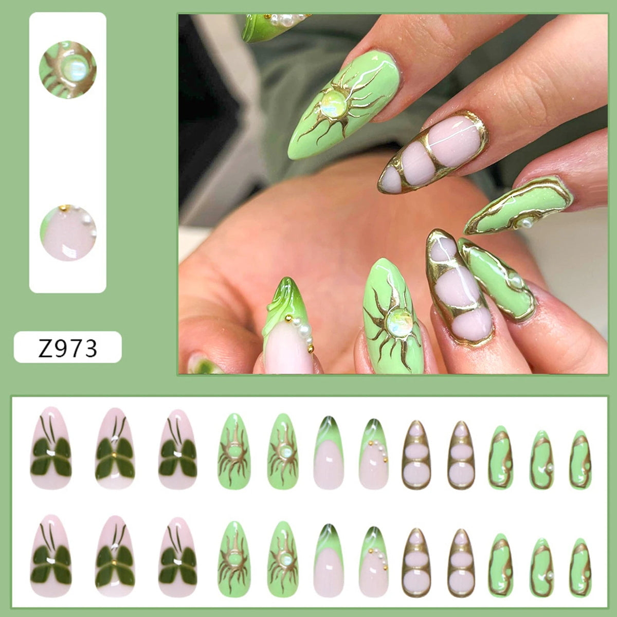 Lime Green and Pink Nail Set With Clover Motifs and Gold Sunbursts